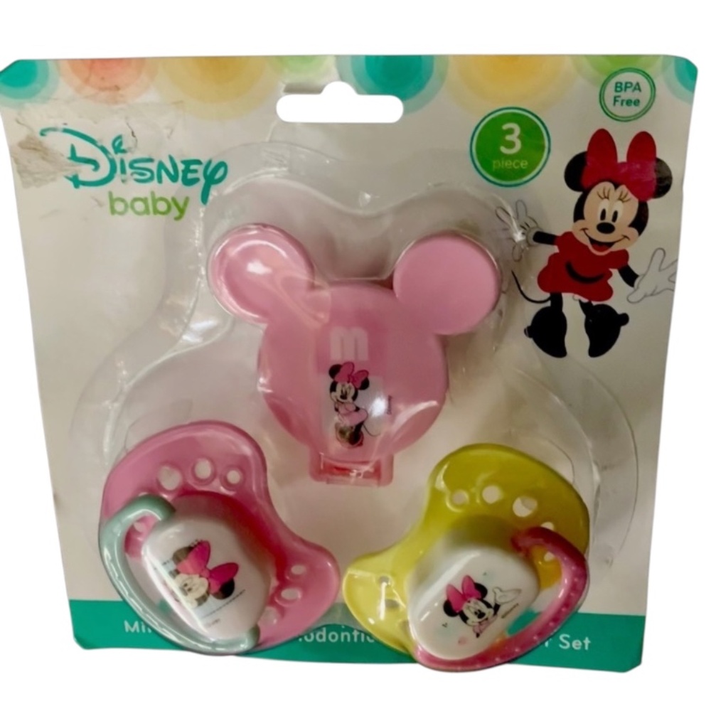 DISNEY BABY Minnie Mouse 3 PC ORTHODONTIC PACIFIERS & CLIP HOLDER SET